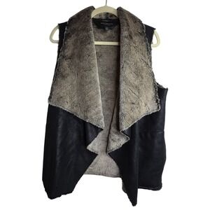 Marc New York Faux Fur SzSm Lined Suede Vest‎ Black Taupe Shawl  Waterfall Drape